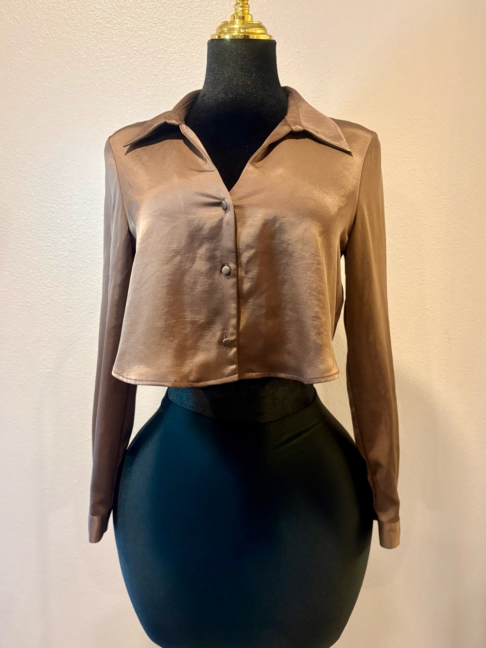Brown Satin Cropped Button-Front Shirt - Women